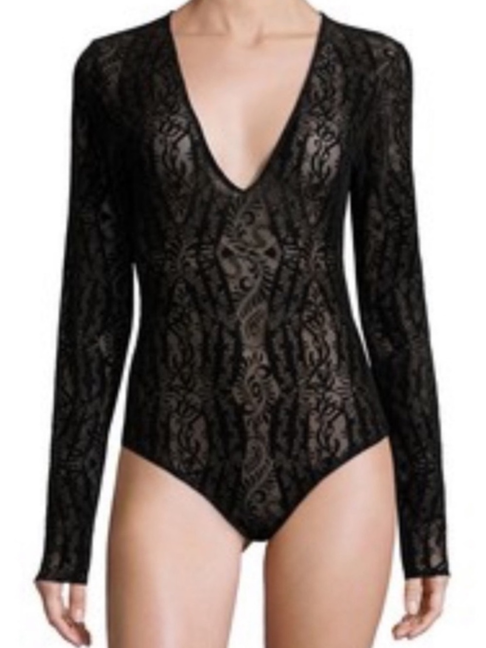 Free People Sheer Black Lace Deep V Long Sleeve Bodysuit